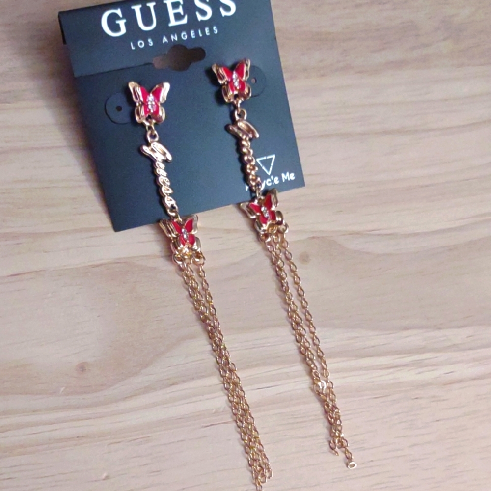 Guess Y2k Butterfly Red Enamel Gold Logo Tassel Earrings